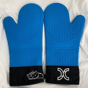 1 Pair Blue Long Silicone Oven Mitts Embroidered Sleeping Cats Cat Lover